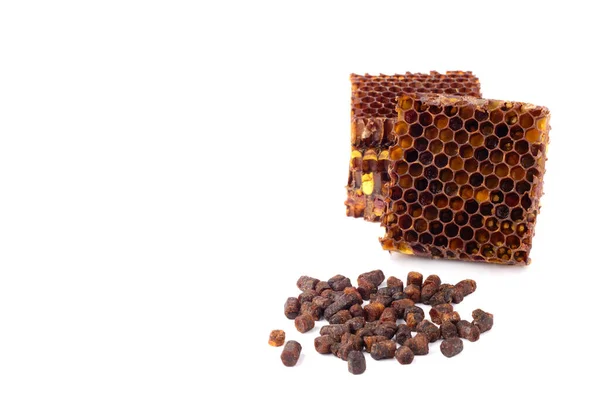 Včelí Granule Kousek Medových Buněk Jsou Izolovány Bílém Pozadí Přírodní — Stock fotografie