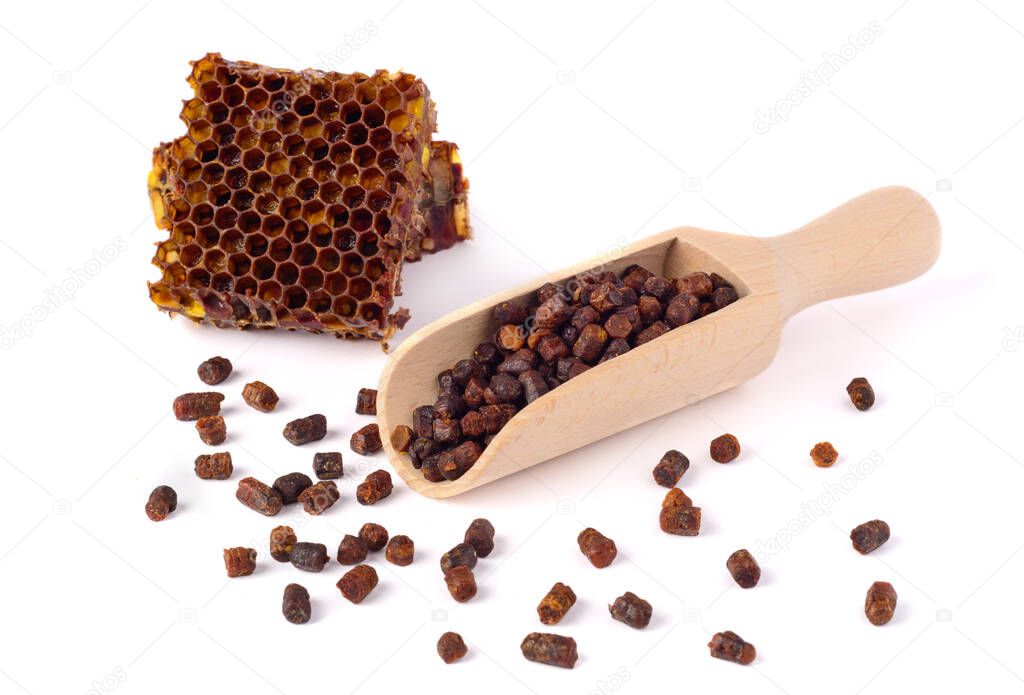 Bee granules and a piece of honey cells are isolated on a white background. Natural remedy for immunity enhancement. Beekeeping products. Apitherapy