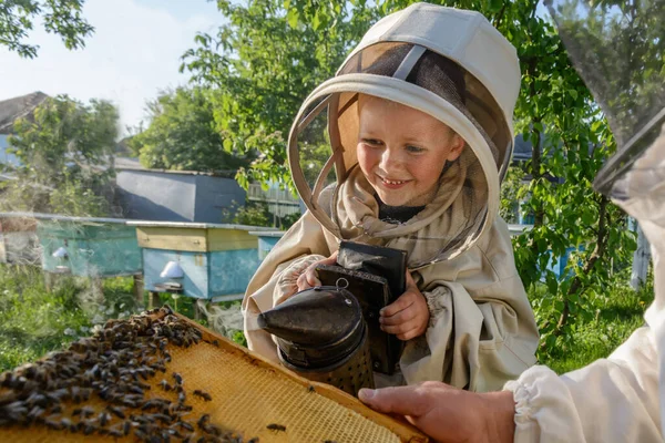 Tecrübeli Arı Yetiştiricisi Büyükbaba Torununa Arılarla Ilgilenmeyi Öğretiyor Apiculture Tecrübe — Stok fotoğraf