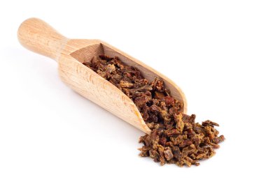 Tahta kaşıkta pancar propolis granülleri beyaz arka planda izole edilir. Doğal antibiyotik. Arıcılık ürünü. Apioterapi