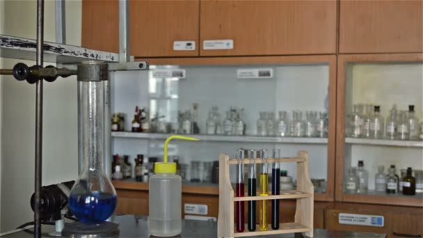 Young Professor Checks the Boiling in the Laboratory Dishes — Stock Video