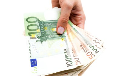 Beyaz arka plan üzerinde elinde Euro