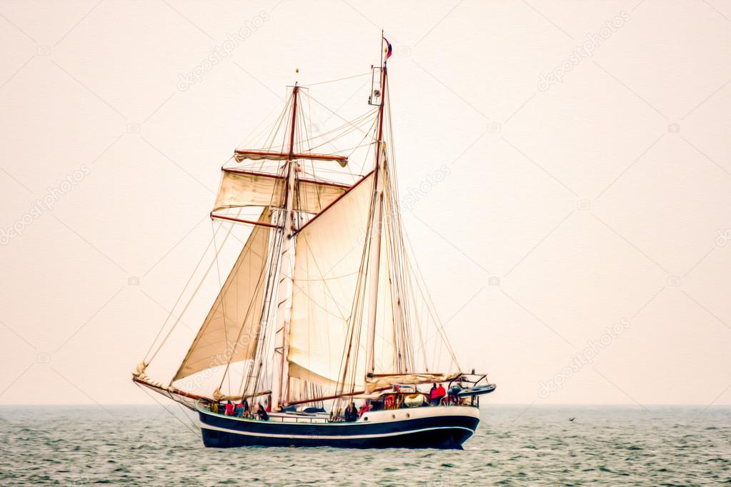 Sailing ship on gloomy day, simulation in oil painting style