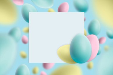 Renkli paskalya yumurtalarını havada tutan paskalya modelleri. Paskalya tebrik kartı, desen, afiş ya da sınırda fotokopi alanı