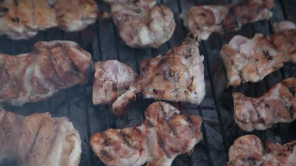 Kip grillen op de barbecue en rook — Stockvideo