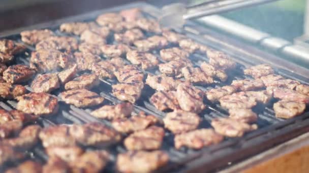 Barbacoa asar carne para picnic — Vídeos de Stock