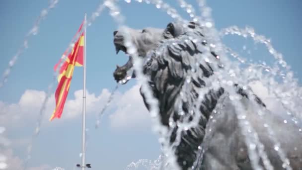 SKOPJE MACEDONIA - JULIO 2015: Exposición de agua y estatuas de leones bajo Alejandro Magno Monumento en Skopje - Macedonia — Vídeos de Stock