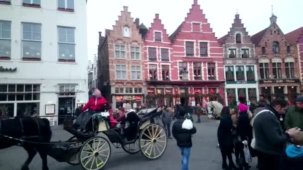 BRUGGE, BELGIUM - JANUARY 2016: Riding phaeton on street at Bruges city center — Stock Video