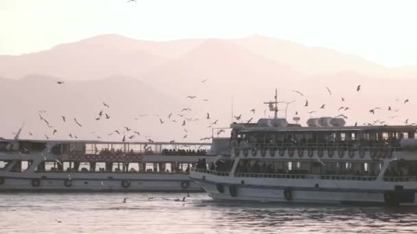 IZMIR - FEVEREIRO, 2016: Selos de balsa da estação de balsa de Karsiyaka para transportar passageiros para o centro da cidade de Izmir . — Vídeo de Stock