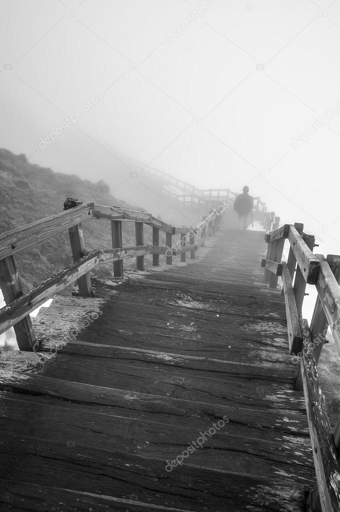 Wooden staircase on the foggy mountain