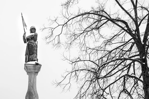 Statua dell'eroe ricoperta di neve — Foto Stock
