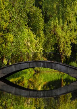 Bir su birikintisi bir parkta romantik eski taş köprüden