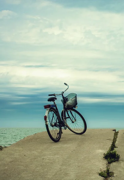 Bicicleta en la playa sobre un fondo nublado. vintage retro sty — Foto de Stock