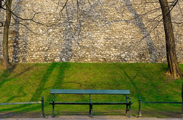 Зеленая деревянная скамейка в весеннем парке — стоковое фото