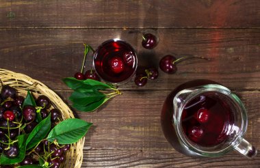 cold cherry juice in a glass and pitcher on wooden table with ripe berries in wicker basket. top view clipart