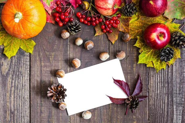 blank white thanksgiving greeting card with autumn fruits, vegetables and berries