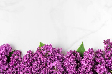 Fotokopi alanı olan beyaz mermer arka planda çiçek açan bahar çiçekleri. Üst Manzara. Düz yat. düğün ya da tatil konsepti. şenlikli arkaplan