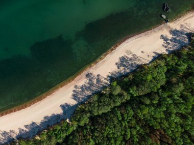 Curonian tükürüğüyle Baltık Denizi 'ndeki kumlu sahil, deniz ve orman manzarası. Üst Manzara. Drone 'dan ateş edilmiş. Peyzaj fotoğrafçılığı