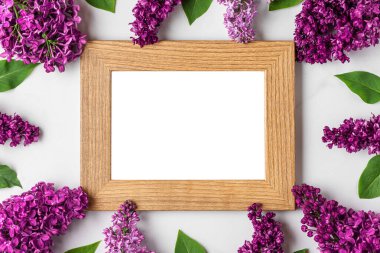 Beyaz arka planda çiçek açan bahar leylağından yapılmış çerçevedeki boş fotoğraf çerçevesi. Düz yatıyordu. Model yap. Kopyalama alanı olan üst görünüm