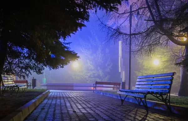 Деревянные скамейки в ночном парке — стоковое фото