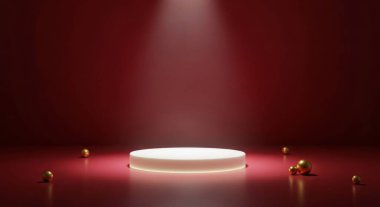 Büyüleyici bir 3 boyutlu canlandırma, spot ışıklarıyla aydınlatılmış, koyu kırmızı bir zemin üzerine kurulmuş ve altın kürelerle vurgulanmış, ürün vitrinleri için mükemmel bir beyaz podyum sunar..
