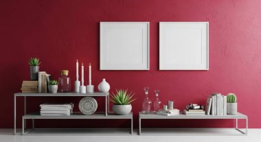 Kırmızı duvarında boş kare çerçeveleri olan şık bir oturma odası, sergi sanatları için mükemmel. Raflarda kitaplar, bitkiler ve dekoratif eşyalar sergilenerek modern iç mekanları geliştiriliyor. (150 karakter)