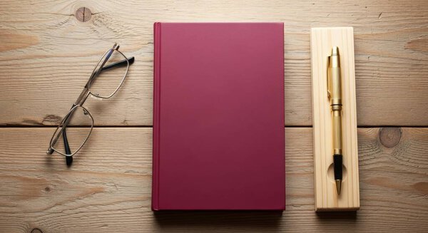 A burgundy book is placed on a wooden table, accompanied by a pen and glasses. The scene is captured from a top view, presented in a flat lay style. Perfect for education.