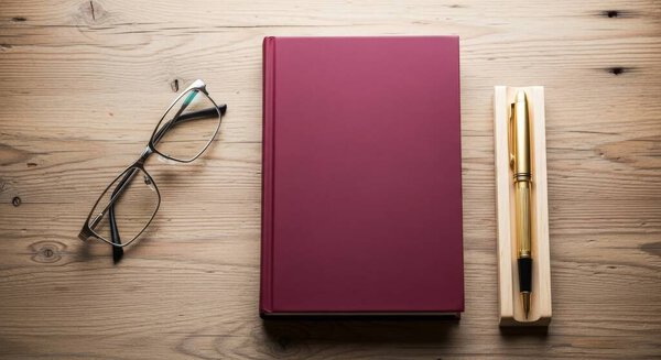 A burgundy book is placed on a wooden table, accompanied by a pen and glasses. The scene is captured from a top view, presented in a flat lay style. Perfect for education.