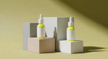 Boş etiketli iki serum şişesi, gölgeli sarı bir duvara karşı geometrik şekillerde sergileniyor. Kozmetik veya güzellik ürünlerini sergilemek için mükemmel..
