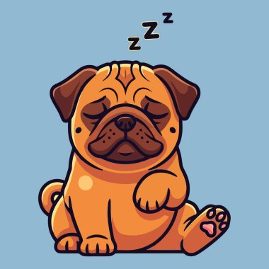 Tatlı bir çizgi film köpeği başının üstünde Zzz 'le yatıyor. Pug mavi bir arka planda oturuyor. Bu resim bir çocuk kitabı ya da evcil hayvan dükkanı için mükemmel..