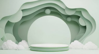 Soyut bir nane yeşili podyum, arka planda kağıt kesiği ve bulut süslemesi. Ürün sergileri, sunumlar veya sanatsal tasarımlar için idealdir. Temiz ve modern görünüş.