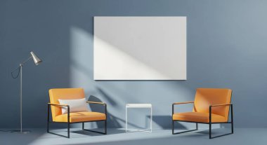 Modern bir oturma odasında iki koltuk, bir lamba, bir masa ve boş bir tuval bulunur. Tasarım minimalist, rahatlık ve stile odaklı. İç mekan.