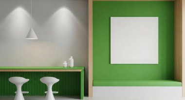 Yeşil ve beyaz renkli modern bir iç tasarım. Bar tabureleri masanın önünde ve yeşil duvarda boş bir çerçeve var. Boşluğu kopyala.