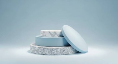 Mavi arka planda ürün gösterimi için dairesel şekilli zarif bir podyum. Ürünleri modern ve şık bir şekilde sergilemek için mükemmel. Boşluğu kopyala.