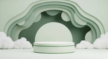 Ürün sergisi için minimalist bir podyum, arka planda kağıt kesiği ve bulutlar var. Temiz bir ortamda kozmetik ya da güzellik ürünlerini sergilemek için mükemmel..