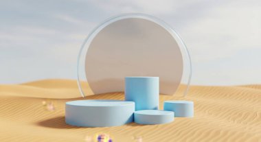 Çölün ortasında dairesel çerçeveli bir dizi mavi podyum. Ürün sergisi için mükemmel. Minimalist tasarım ve modern tarz göz alıcı bir sahne yaratır..