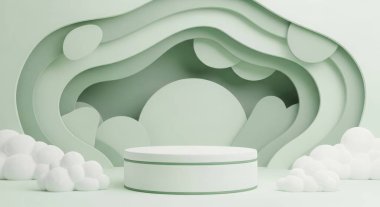 Nane yeşili ürün, bulut elementli yaratıcı kağıt kesim arka planına karşı podyum. Ürünleri modern ve şık bir şekilde sergilemek için ideal. 150 karakter.