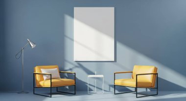 İki sarı koltuğu ve mavi duvarında boş bir posteri olan parlak ve modern bir oturma odası. Oda bir lamba, bir masa ve bir yastıkla süslenmiş. Pencereden güneş ışığı akıyor..