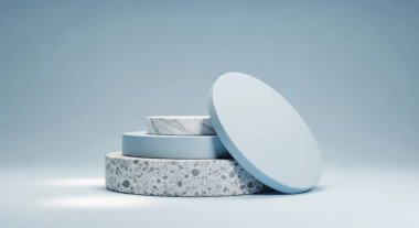 Mavi arka planda minimalist ürün sergisi. Kozmetik, güzellik ya da sağlık ürünlerini sergilemek için mükemmel. Reklam için temiz, zarif ve modern tasarım..