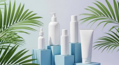 Mavi bir podyumda palmiye yapraklı kozmetik şişeler. Güzellik, cilt bakımı ya da sağlık ürünleri reklamı için mükemmel. Pazarlama kampanyaları için modern ve temiz tasarım.