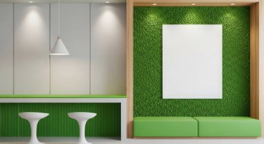 Çim duvarında boş bir poster ve bar tabureleriyle modern yeşil bir bekleme odası. Oda bir raf ve bir masa ile dekore edilmiştir. Işıklar parlak ve temiz..