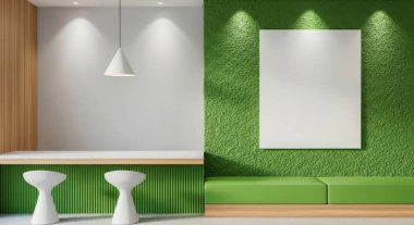 Modern iç dekorasyonla yeşil duvara poster çerçevesi yap. Sanat eserlerinizi veya reklamlarınızı şık ve çağdaş bir ortamda sergilemek için mükemmel..