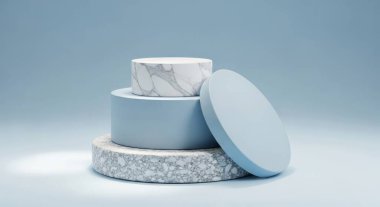 Mermer ve mavi geometrik şekillerin yer aldığı minimalist bir ürün podyumu. Bu soyut arka plan ürünleri modern ve şık bir şekilde sergilemek için mükemmeldir. 3 Boyutlu Hazırlama.