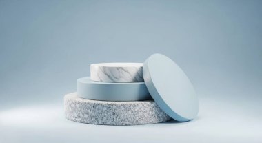 Pastel mavi arka planda bir minimalist podyum temiz ve modern bir stüdyo ortamı sağlar. Zarif ve şık ürünleri sergilemek için mükemmel. Sunumlar için ideal.