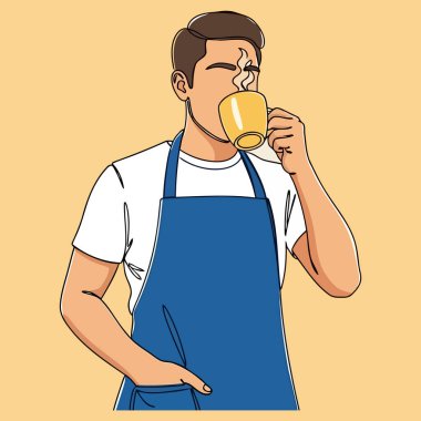 Önlük giyen bir adam sıcak bir içeceğin tadını çıkarıyor, bardaktan buhar yükseliyor, günlük rutininde bir rahatlama ve zevk anı. Vektör illüstrasyonu.