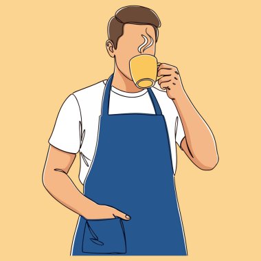 Önlük giyen bir adam sıcak bir içeceğin tadını çıkarmak için mola veriyor. Elinde bir kupa tutuyor ve içkisini yudumluyor, aroma ve aromanın tadını çıkarıyor. Vektör illüstrasyonu.