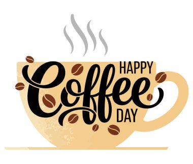 Celebrate Happy Coffee Day with this vector illustration. Features a cup of coffee and beans, perfect for posters, cards, and social media designs. Enjoy!