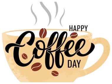 Celebrate Happy Coffee Day with this vector illustration featuring a cup of coffee and beans. Perfect for posters, cards, and social media posts. Enjoy your coffee!