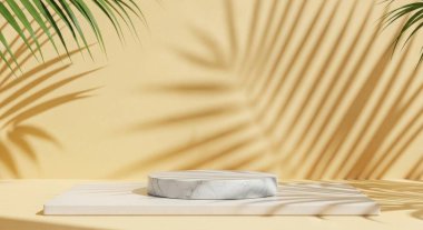 A minimal marble podium for product presentation, casting a tropical palm leaf shadow. Perfect for showcasing cosmetics, beauty products, or skincare items with elegance.