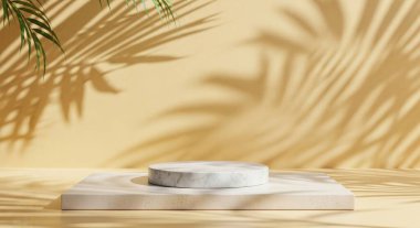 Elegant marble podium with palm leaves and shadows on a beige background. Perfect for showcasing cosmetic products, jewelry, or other items in a minimalist style.